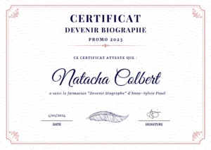Devenir biographe : certificat de Natacha Colbert Filiaplume