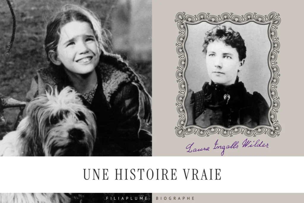Montage photo Filiaplume : l'actrice Melissa Gilbert (https://commons.wikimedia.org/wiki/File:Little_House_on_the_Prairie_Melissa_Gilbert_1975_Crop_1.jpg) et le portrait de Laura Ingalls Wilder (File:Laura Ingalls Wilder.jpg sur Wikimedia Commons)